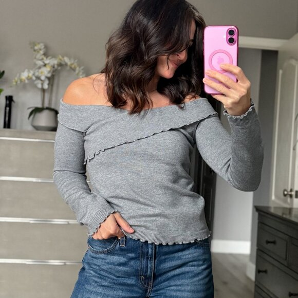 Women’s Gray Off-Shoulder Lettuce Hem Knit Top - Picture 11 of 12